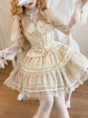  Lolita Dress Ballet Wind Flower Wedding JSK Strap Dress apricot