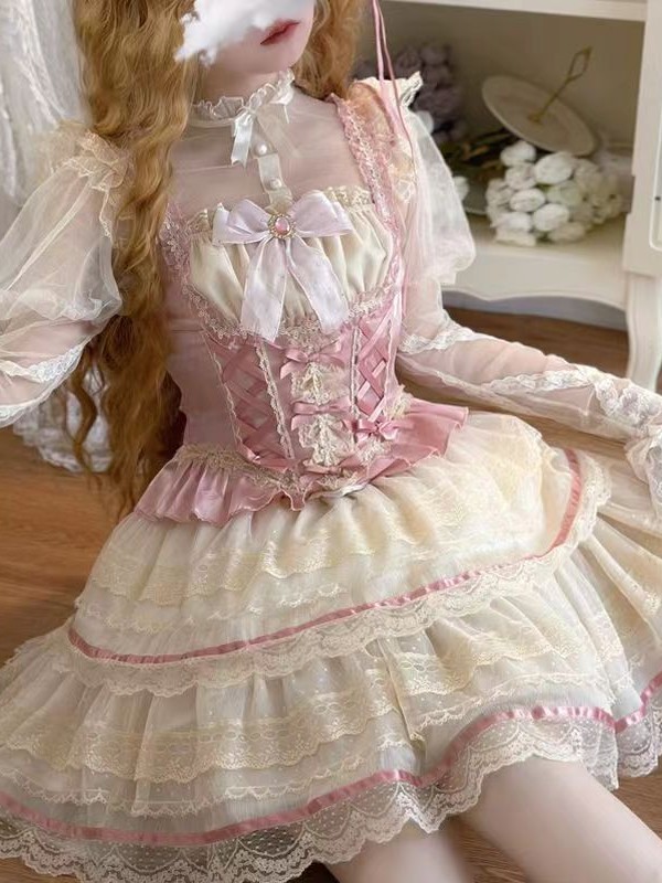  Lolita Dress Ballet Wind Flower Wedding JSK Strap Dress pink