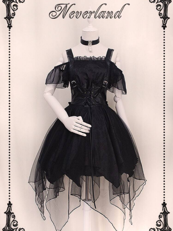 Ash Gothic Jumperskirt Black irregular mesh hem Lolita Dress Ash Gothic Jumperskirt Black irregular mesh hem Lolita Dress
