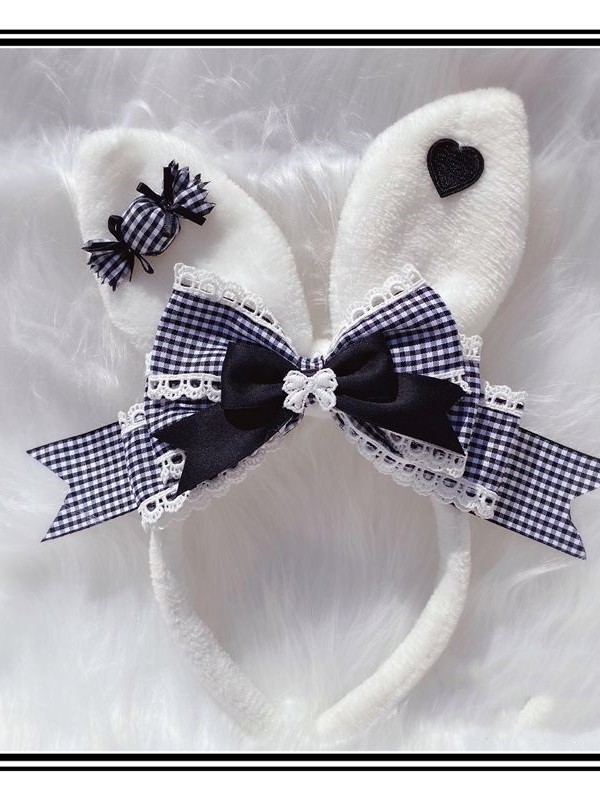 Black and White Grids Bow Bunny Ears KC Black and White Grids Bow Bunny Ears KC