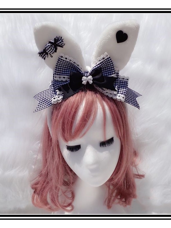 Black and White Grids Bow Bunny Ears KC Black and White Grids Bow Bunny Ears KC