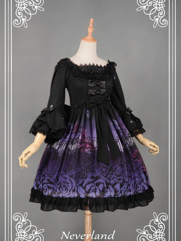 Dark Gothic Printed Lolita Dress Butterfly Cemetery One Piece