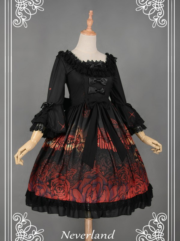 Dark Gothic Printed Lolita Dress Butterfly Cemetery One Piece