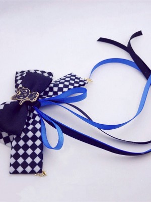 Cat Black and White Grids Hair Clip with Ribbons