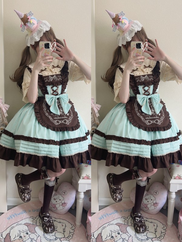 Chocolate cake sweet and cute embroidered suspender dress Chocolate cake sweet and cute embroidered suspender dress
