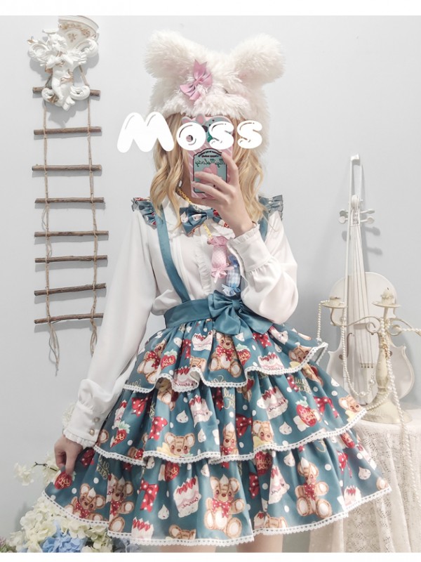 Eieyomi - Strawberry Cake Bear Suspender Skirt Eieyomi - Strawberry Cake Bear Suspender Skirt
