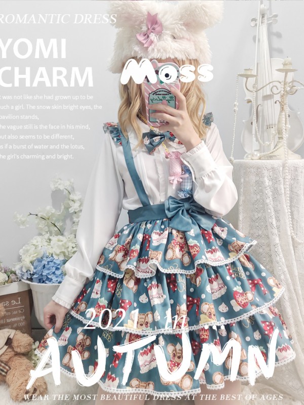 Eieyomi - Strawberry Cake Bear Suspender Skirt Eieyomi - Strawberry Cake Bear Suspender Skirt