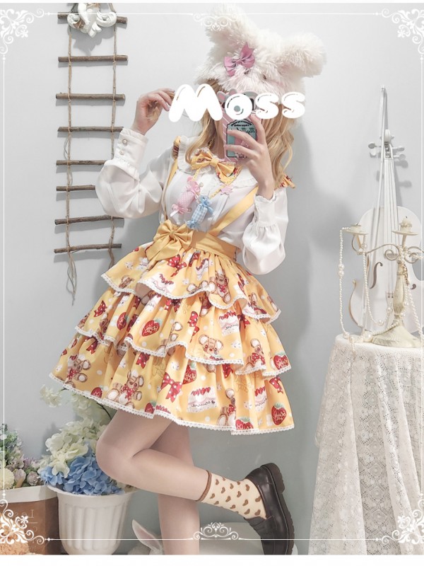 Eieyomi - Strawberry Cake Bear Suspender Skirt Eieyomi - Strawberry Cake Bear Suspender Skirt
