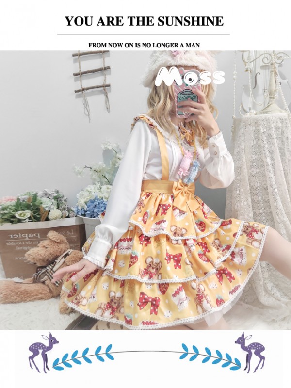 Eieyomi - Strawberry Cake Bear Suspender Skirt Eieyomi - Strawberry Cake Bear Suspender Skirt