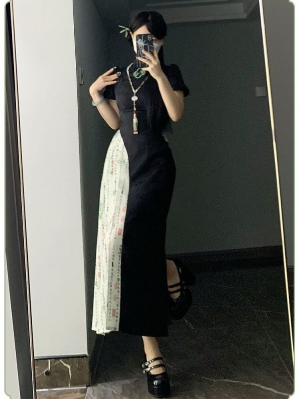 【Frost Moon Night]~Chinese style Improved cheongsam~Combining embroidery and printing~Spring models