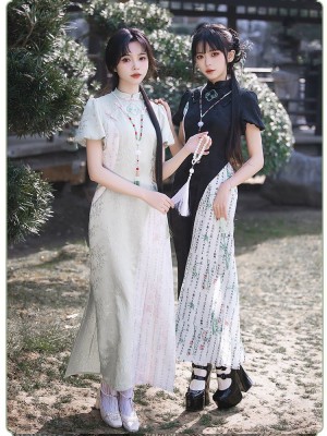 【Frost Moon Night]~Chinese style Improved cheongsam~Combining embroidery and printing~Spring models