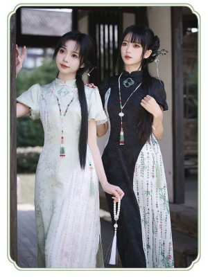 【Frost Moon Night]~Chinese style Improved cheongsam~Combining embroidery and printing~Spring models