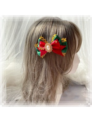Green Bow Hair Clip with A Artificial Pearl
