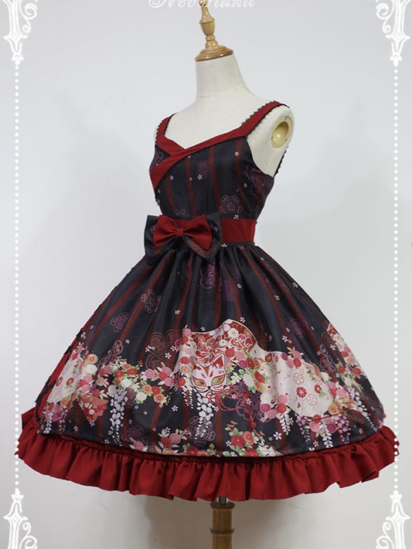 Haunted Night Red and Black Print Nine Tails Fox JSK Lolita Suspender Dress Haunted Night Red and Black Print Nine Tails Fox JSK Lolita Suspender Dress