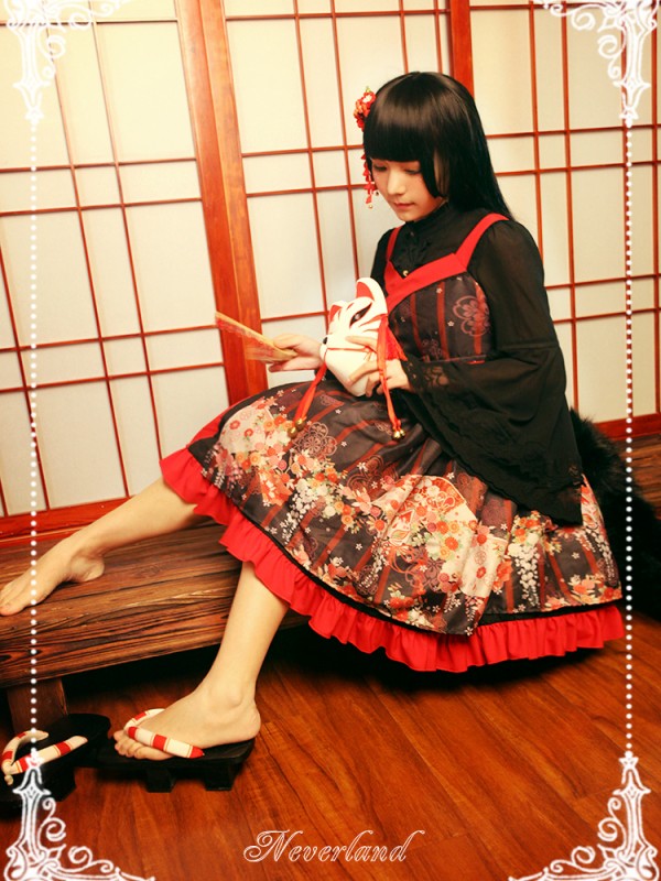 Haunted Night Red and Black Print Nine Tails Fox JSK Lolita Suspender Dress Haunted Night Red and Black Print Nine Tails Fox JSK Lolita Suspender Dress