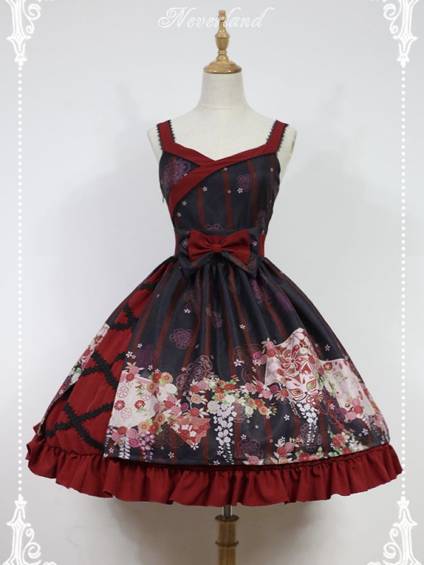 Haunted Night Red and Black Print Nine Tails Fox JSK Lolita Suspender Dress Haunted Night Red and Black Print Nine Tails Fox JSK Lolita Suspender Dress