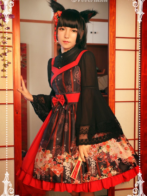 Haunted Night Red and Black Print Nine Tails Fox JSK Lolita Suspender Dress Haunted Night Red and Black Print Nine Tails Fox JSK Lolita Suspender Dress