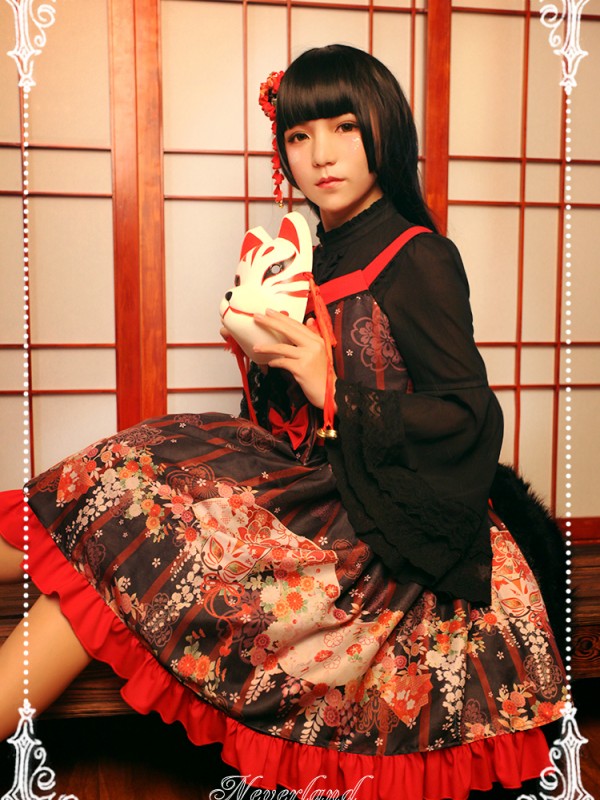 Haunted Night Red and Black Print Nine Tails Fox JSK Lolita Suspender Dress Haunted Night Red and Black Print Nine Tails Fox JSK Lolita Suspender Dress