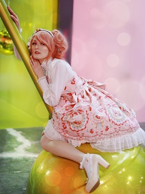 Pink Sweet Strawberry Rabbit High-waisted Lolita Jumperskirt