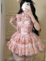 Lolita Chinese style hanging neck dress pink