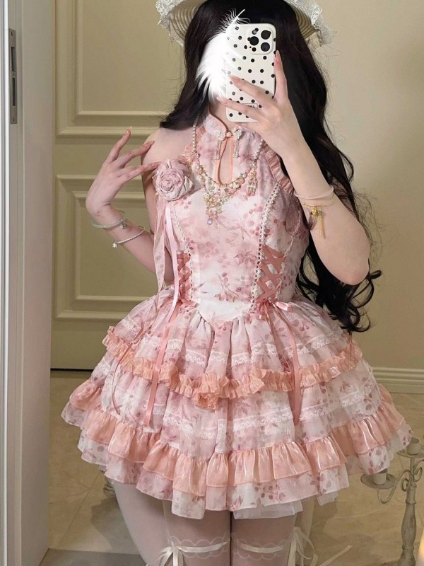 Lolita Chinese style hanging neck dress pink