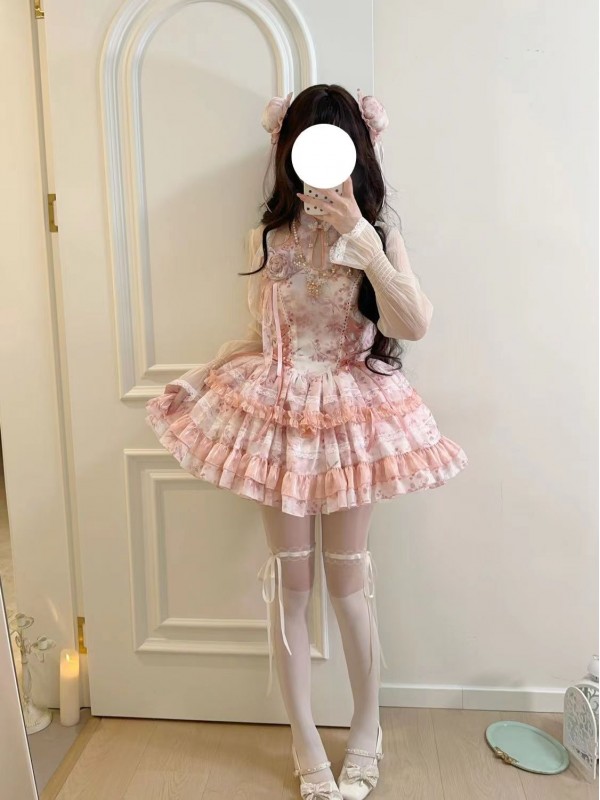 Lolita Chinese style hanging neck dress pink