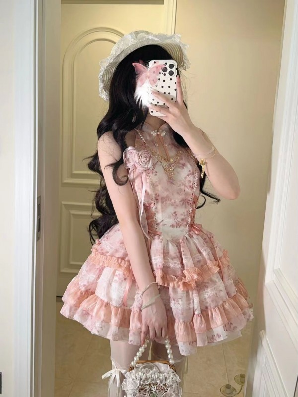 Lolita Chinese style hanging neck dress pink