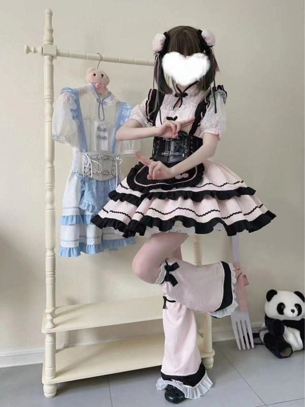 Lolita cute Chinese style short sleeved op dress Black and pink