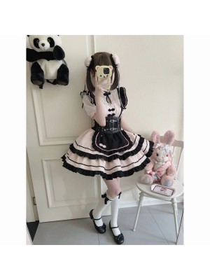 Lolita cute Chinese style short sleeved op dress Black and pink
