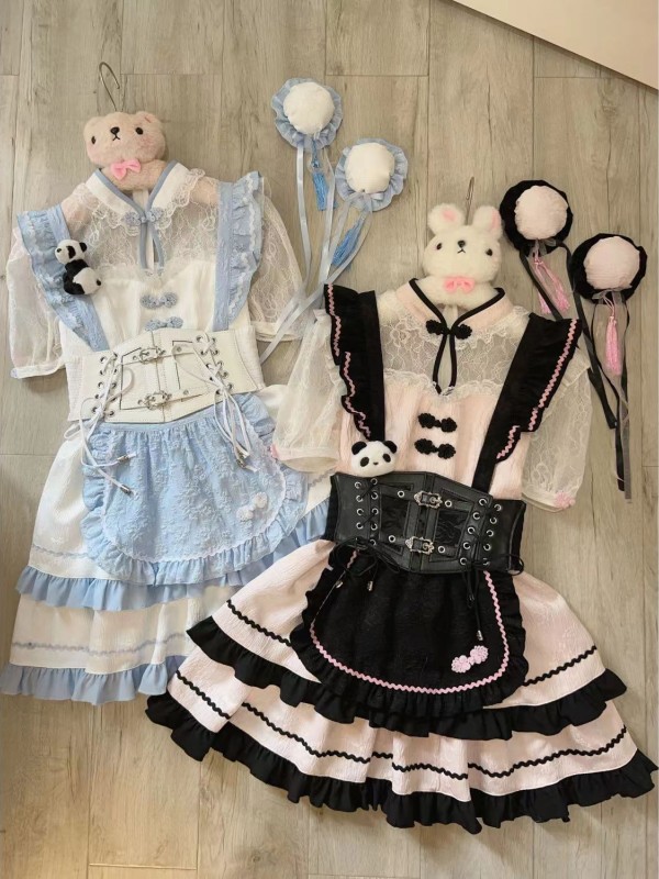 Lolita cute Chinese style short sleeved op dress Black and pink