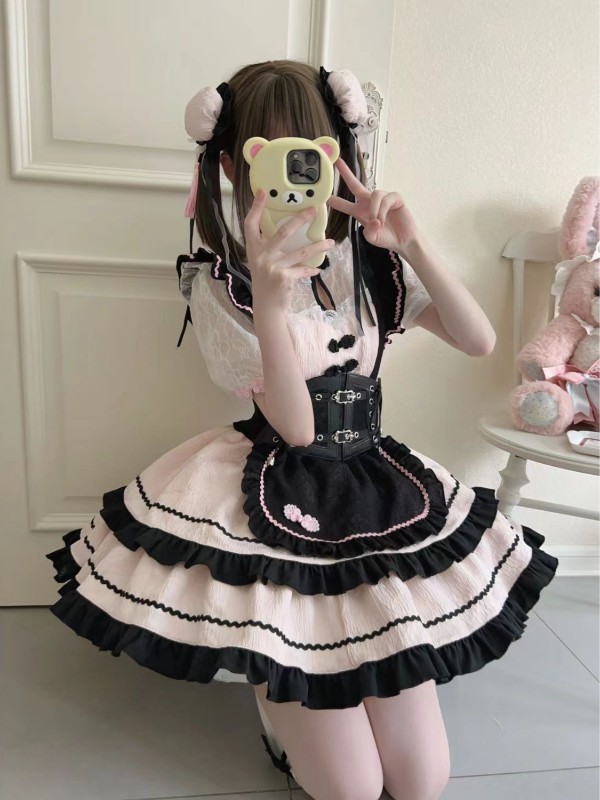 Lolita cute Chinese style short sleeved op dress Black and pink