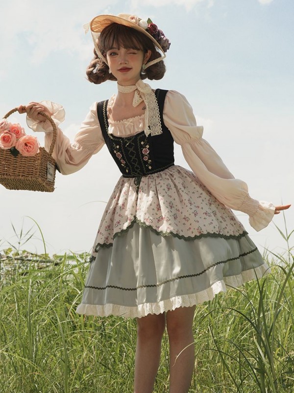 Fresh Country Style Embroidery Print JSK Suspender Skirt Fresh Country Style Embroidery Print JSK Suspender Skirt