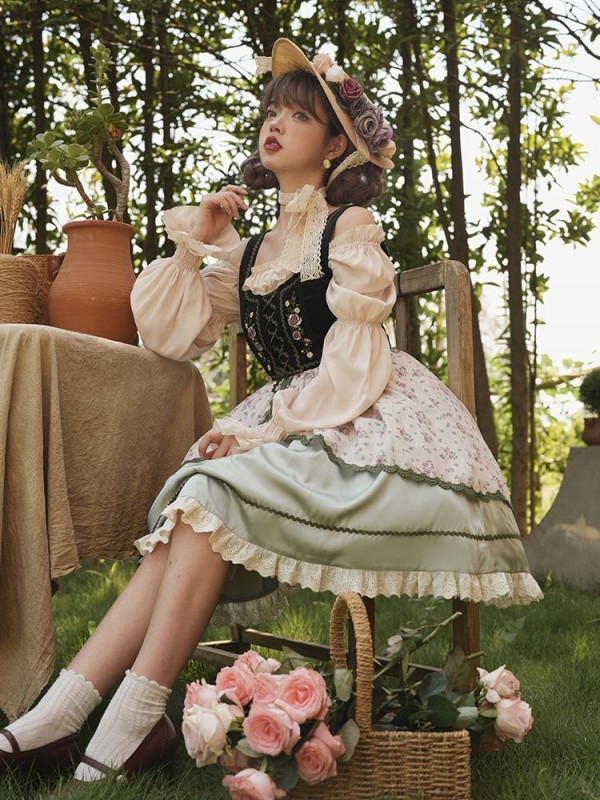 Fresh Country Style Embroidery Print JSK Suspender Skirt Fresh Country Style Embroidery Print JSK Suspender Skirt