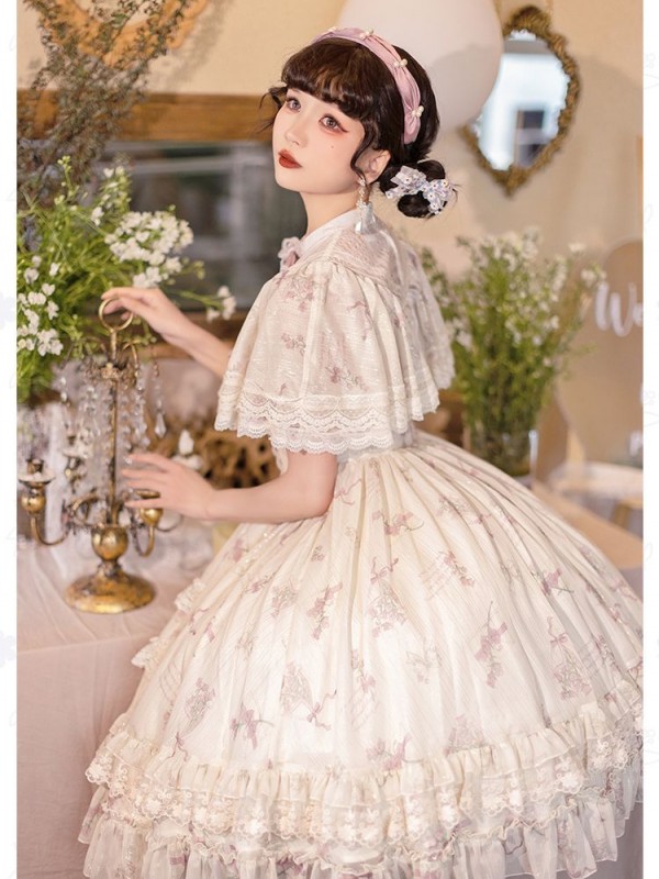 Sweet Edwardian Neckline Bluebell Print OP Lolita Short Dress Sweet Edwardian Neckline Bluebell Print OP Lolita Short Dress