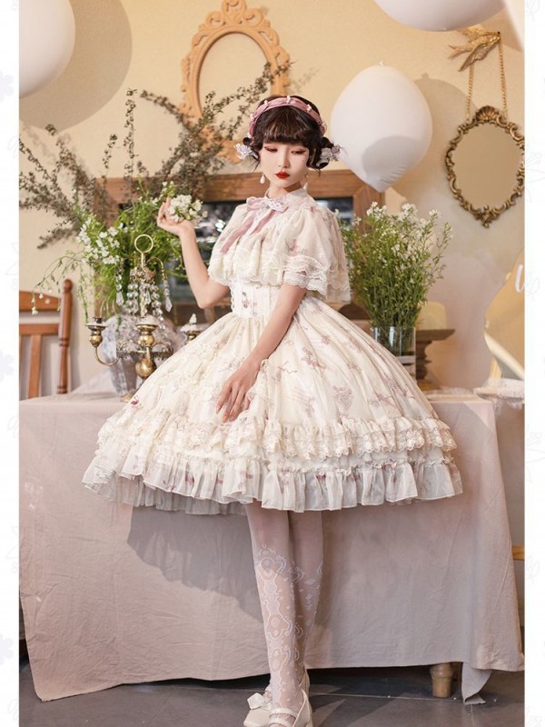 Sweet Edwardian Neckline Bluebell Print OP Lolita Short Dress Sweet Edwardian Neckline Bluebell Print OP Lolita Short Dress