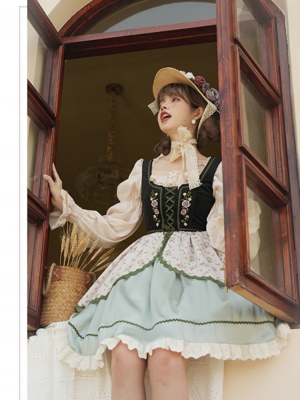 Fresh Country Style Embroidery Print JSK Suspender Skirt Fresh Country Style Embroidery Print JSK Suspender Skirt