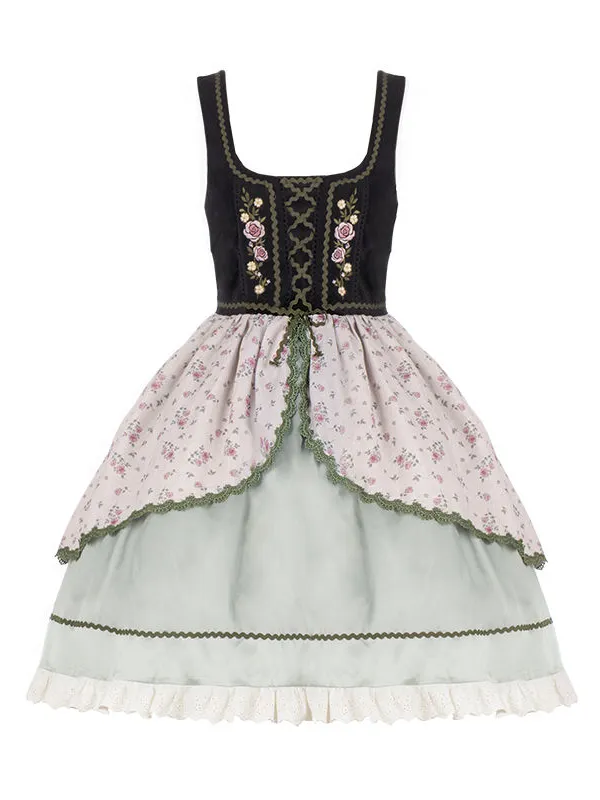 Fresh Country Style Embroidery Print JSK Suspender Skirt Fresh Country Style Embroidery Print JSK Suspender Skirt