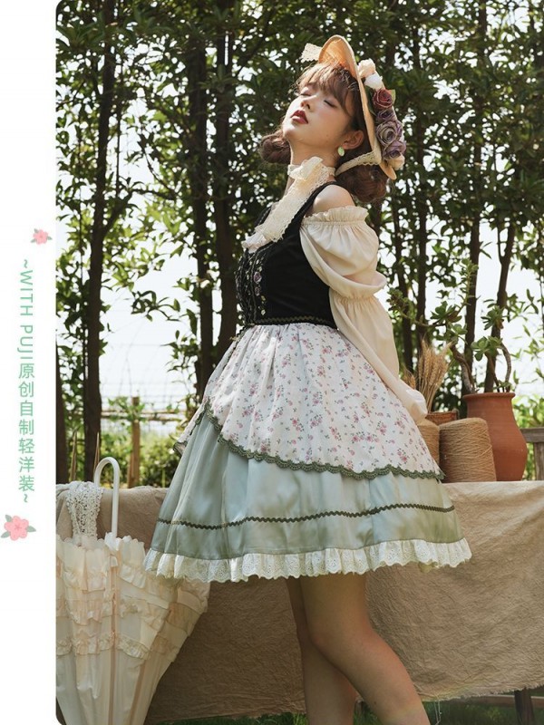 Fresh Country Style Embroidery Print JSK Suspender Skirt Fresh Country Style Embroidery Print JSK Suspender Skirt