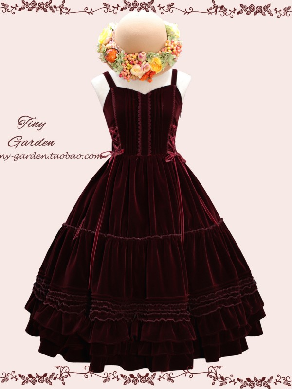 Retro Lolita Double Drawstring Elegant Velvet JSK Suspender Skirt Retro Lolita Double Drawstring Elegant Velvet JSK Suspender Skirt