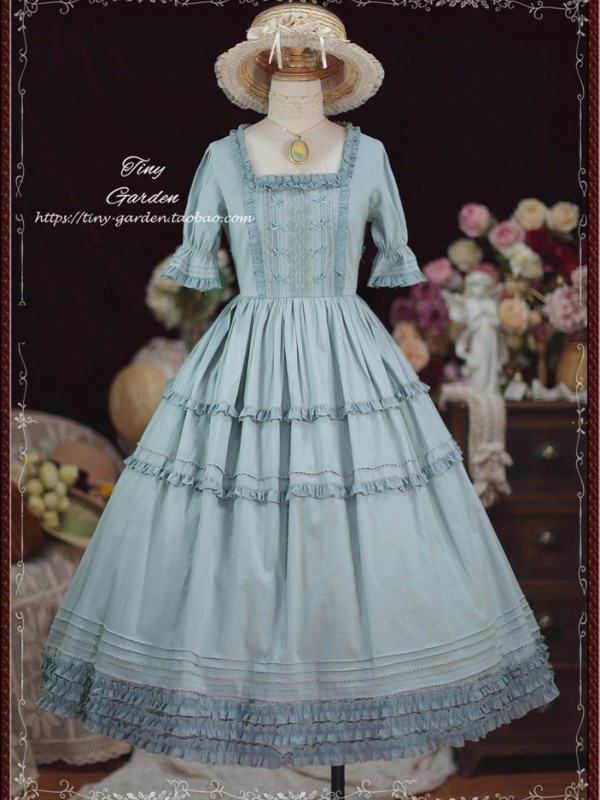 Grayish Green Sweet Elegant Bow French Girl Lolita Square Collar OP Grayish Green Sweet Elegant Bow French Girl Lolita Square Collar OP