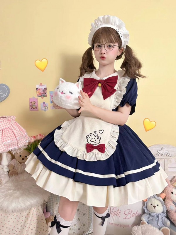 Navy Blue Sweet And Cute OP Short Maid Apron Lolita Dress Navy Blue Sweet And Cute OP Short Maid Apron Lolita Dress