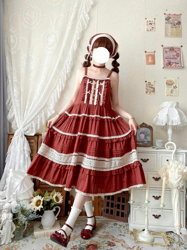 Red Sweet Pastoral Style Lolita Long Skirt JSK Loose Sack Skirt Red Sweet Pastoral Style Lolita Long Skirt JSK Loose Sack Skirt