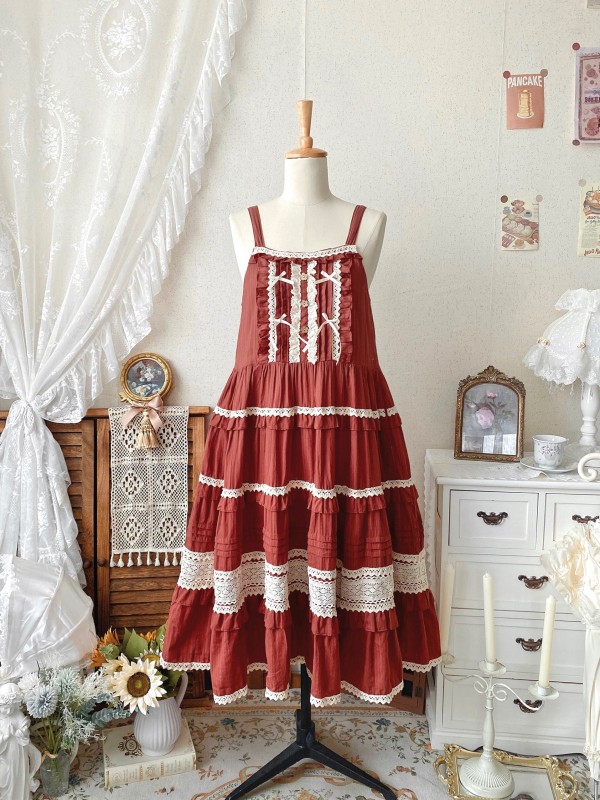Red Sweet Pastoral Style Lolita Long Skirt JSK Loose Sack Skirt Red Sweet Pastoral Style Lolita Long Skirt JSK Loose Sack Skirt