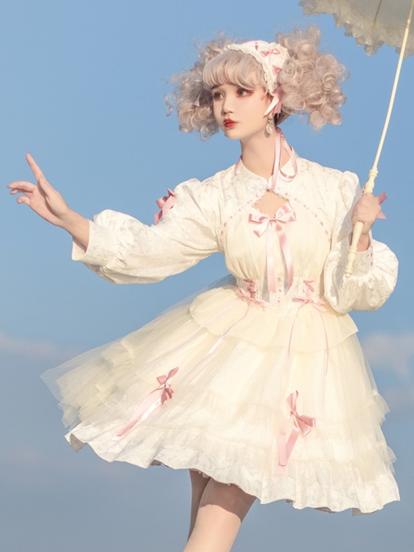 White Sweet Gothic Lolita OP Long-sleeved Dress Cake Skirt White Sweet Gothic Lolita OP Long-sleeved Dress Cake Skirt