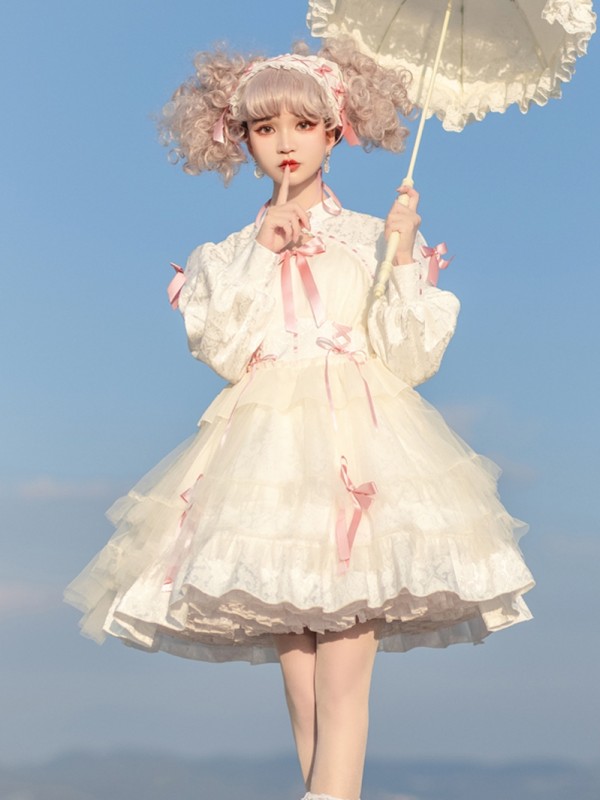 White Sweet Gothic Lolita OP Long-sleeved Dress Cake Skirt White Sweet Gothic Lolita OP Long-sleeved Dress Cake Skirt
