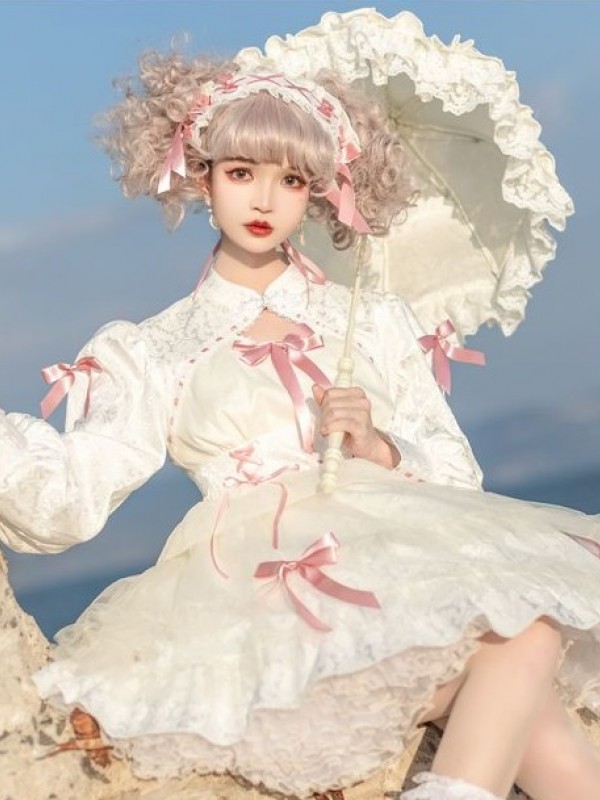 White Sweet Gothic Lolita OP Long-sleeved Dress Cake Skirt White Sweet Gothic Lolita OP Long-sleeved Dress Cake Skirt