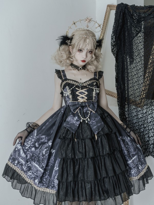 Black Retro Print Gothic Lolita JSK Suspender Dress Black Retro Print Gothic Lolita JSK Suspender Dress