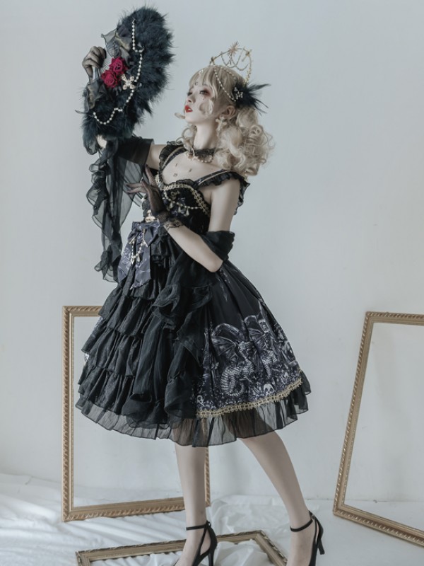 Black Retro Print Gothic Lolita JSK Suspender Dress Black Retro Print Gothic Lolita JSK Suspender Dress