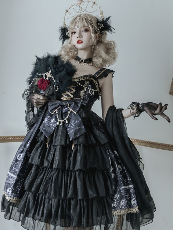 Black Retro Print Gothic Lolita JSK Suspender Dress Black Retro Print Gothic Lolita JSK Suspender Dress