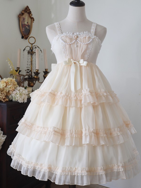 Sweet Lolita Skirt JSK Elegant Puffy Skirt Apricot Lolita Suspender Dress Sweet Lolita Skirt JSK Elegant Puffy Skirt Apricot Lolita Suspender Dress